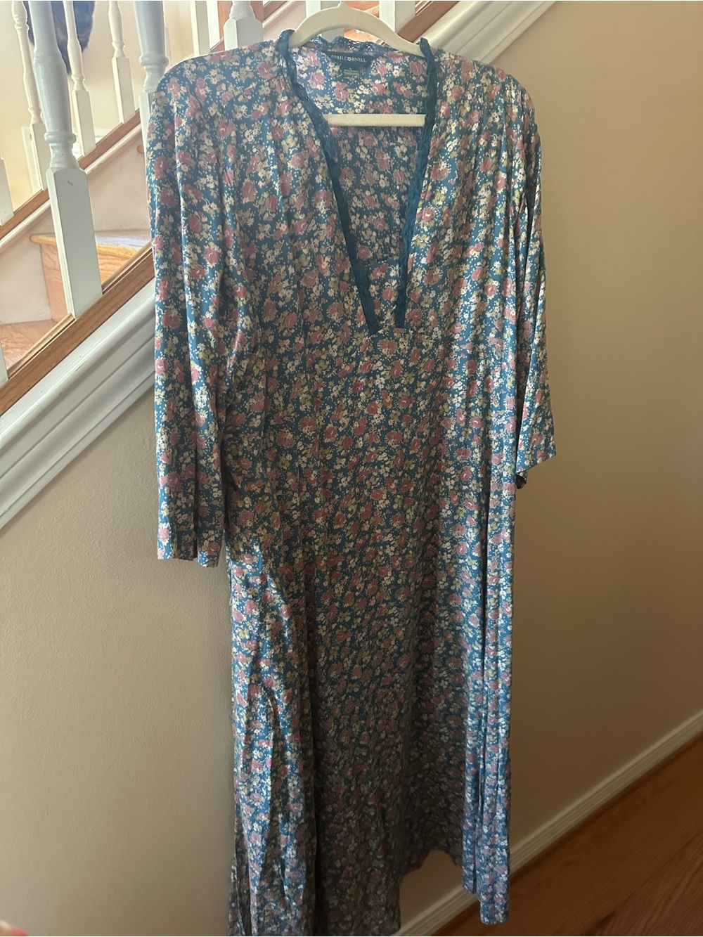 April Cornell Blue Floral V‑Neck Maxi Dress with Pink Accents